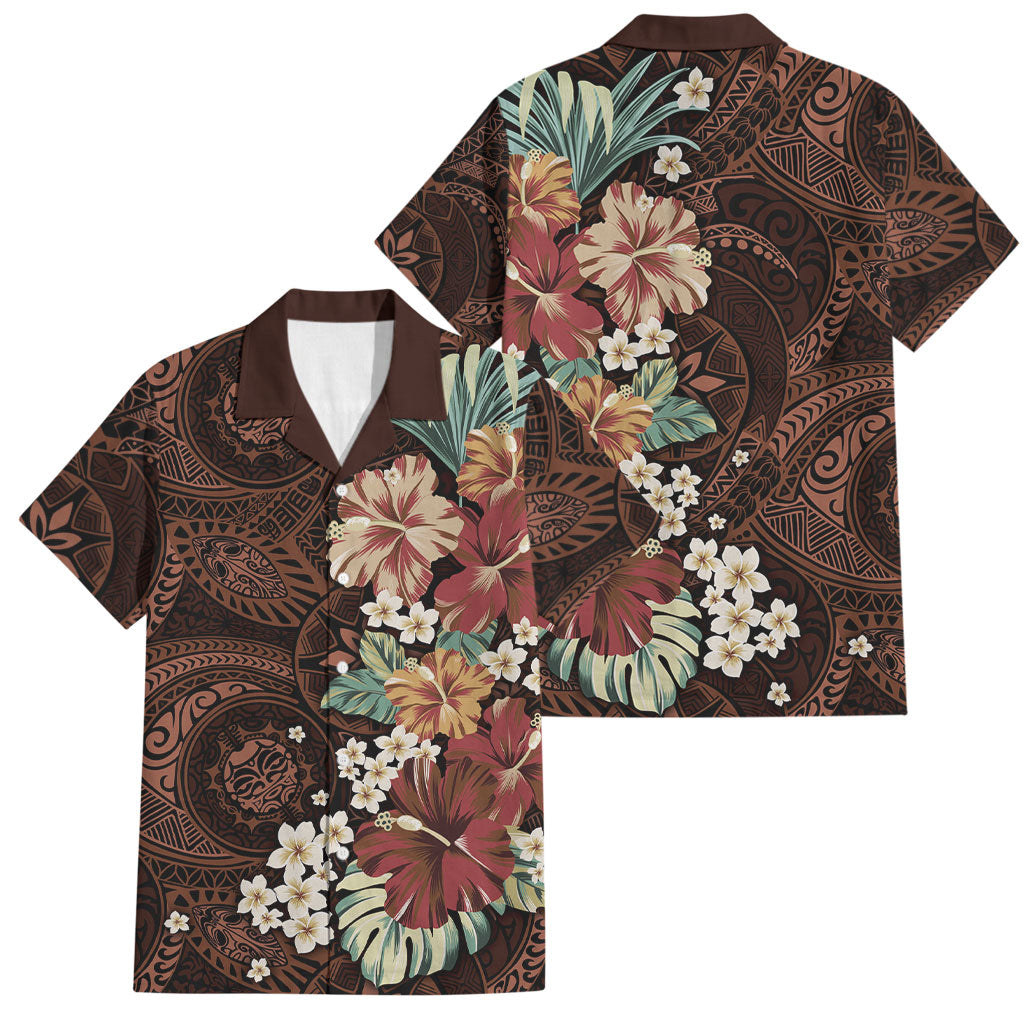 Kanoa Hawai'i Hibiscus Family Matching Off Shoulder Short Dress and Hawaiian Shirt Polynesian Tribal Tattoo Pattern Floral Elements