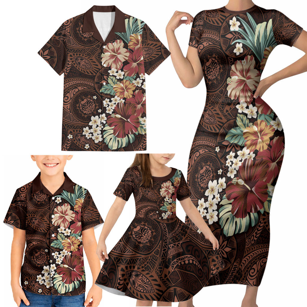 Kanoa Hawai'i Hibiscus Family Matching Short Sleeve Bodycon Dress and Hawaiian Shirt Polynesian Tribal Tattoo Pattern Floral Elements LT9 - Polynesian Pride