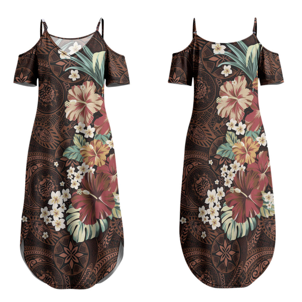 Kanoa Hawai'i Hibiscus Family Matching Summer Maxi Dress and Hawaiian Shirt Polynesian Tribal Tattoo Pattern Floral Elements LT9 Mom's Dress Brown - Polynesian Pride