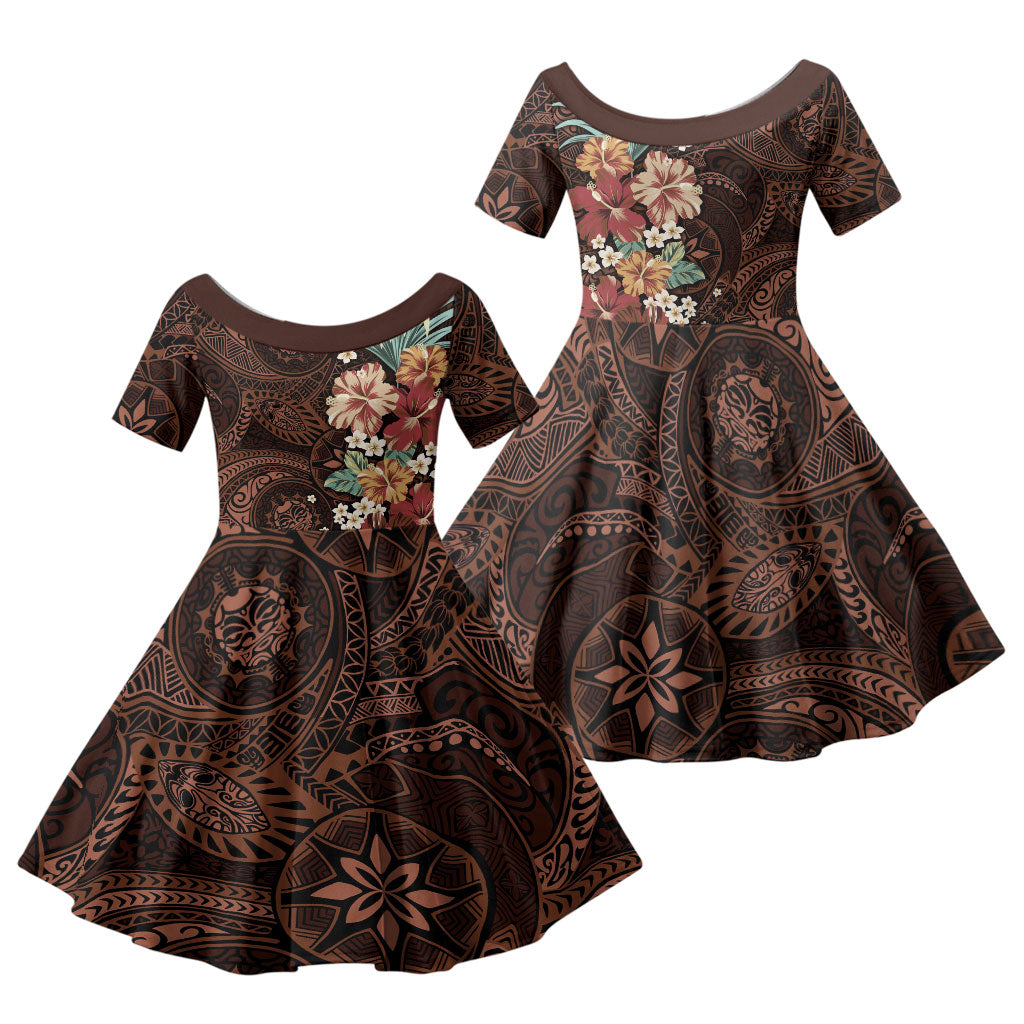 Kanoa Hawai'i Hibiscus Family Matching Summer Maxi Dress and Hawaiian Shirt Polynesian Tribal Tattoo Pattern Floral Elements LT9 Daughter's Dress Brown - Polynesian Pride