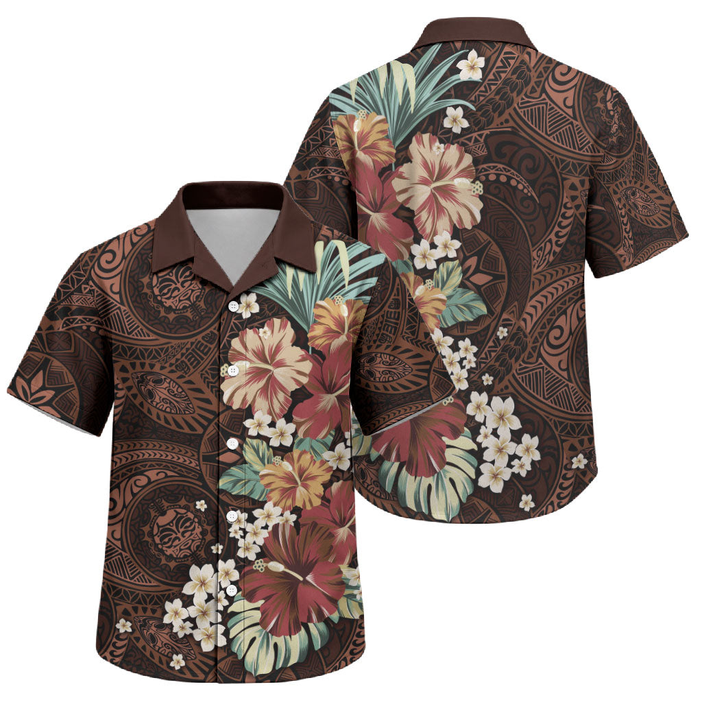 Kanoa Hawai'i Hibiscus Family Matching Summer Maxi Dress and Hawaiian Shirt Polynesian Tribal Tattoo Pattern Floral Elements LT9 Son's Shirt Brown - Polynesian Pride