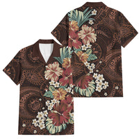 Kanoa Hawai'i Hibiscus Family Matching Tank Maxi Dress and Hawaiian Shirt Polynesian Tribal Tattoo Pattern Floral Elements LT9 Dad's Shirt - Short Sleeve Brown - Polynesian Pride