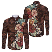 Kanoa Hawai'i Hibiscus Family Matching Tank Maxi Dress and Hawaiian Shirt Polynesian Tribal Tattoo Pattern Floral Elements LT9 Dad's Shirt - Long Sleeve Brown - Polynesian Pride