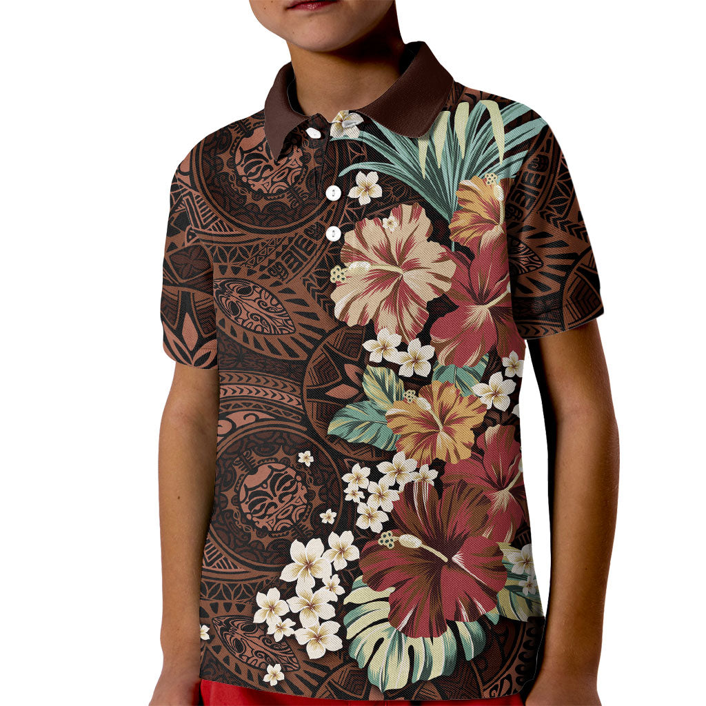 Kanoa Hawai'i Hibiscus Kid Polo Shirt Polynesian Tribal Tattoo Pattern Floral Elements LT9 Kid Brown - Polynesian Pride