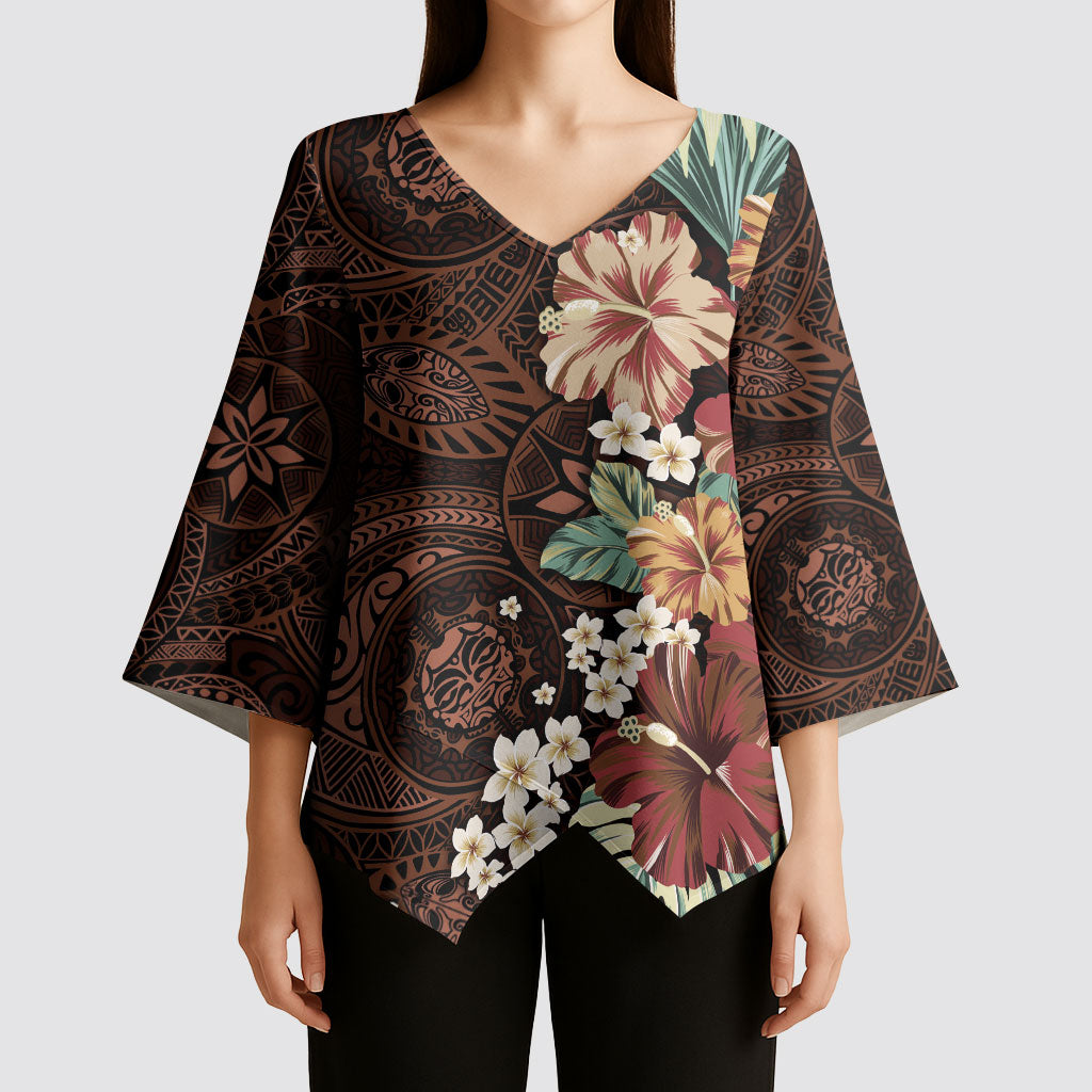 Kanoa Hawai'i Hibiscus Kimono Sleeve Blouse Polynesian Tribal Tattoo Pattern Floral Elements
