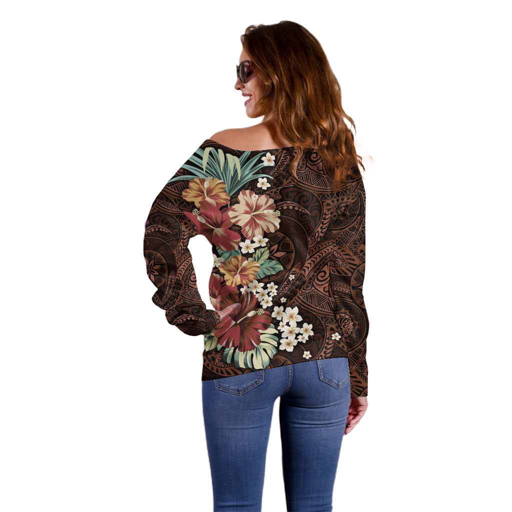 Kanoa Hawai'i Hibiscus Off Shoulder Sweater Polynesian Tribal Tattoo Pattern Floral Elements LT9 - Polynesian Pride