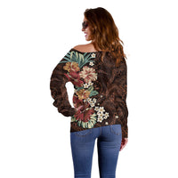 Kanoa Hawai'i Hibiscus Off Shoulder Sweater Polynesian Tribal Tattoo Pattern Floral Elements LT9 - Polynesian Pride