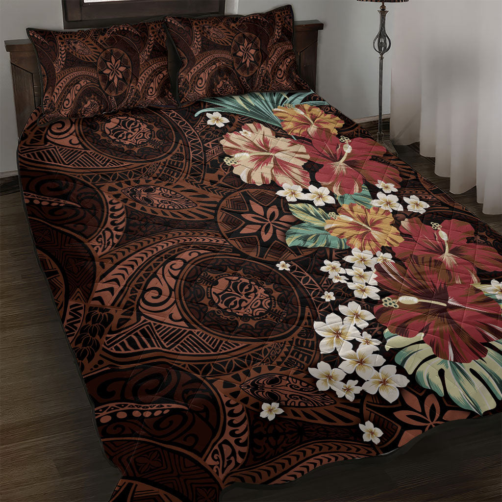Kanoa Hawai'i Hibiscus Quilt Bed Set Polynesian Tribal Tattoo Pattern Floral Elements