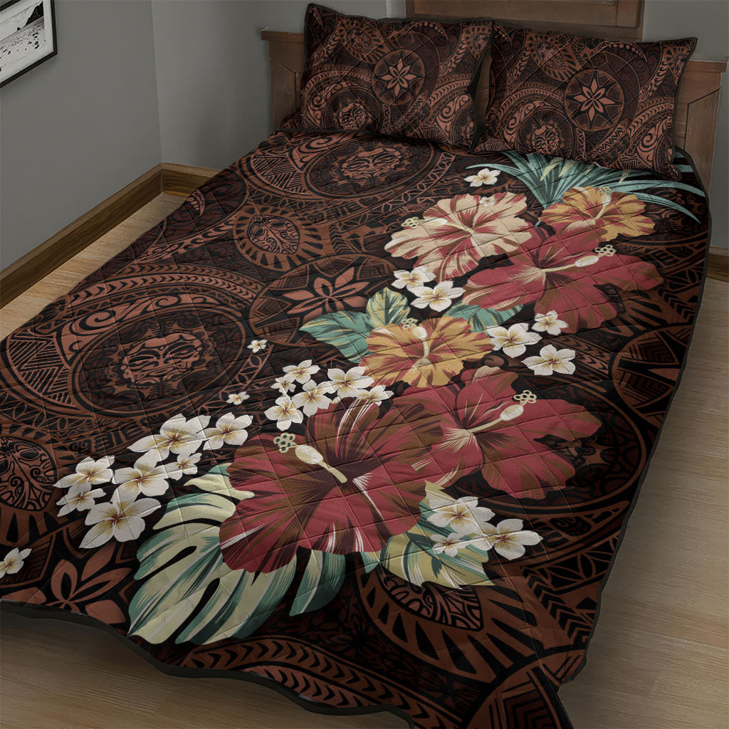 Kanoa Hawai'i Hibiscus Quilt Bed Set Polynesian Tribal Tattoo Pattern Floral Elements