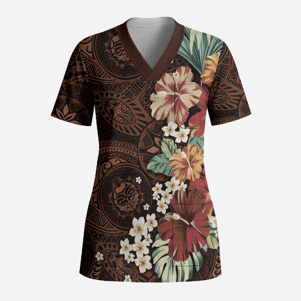 Kanoa Hawai'i Hibiscus Scrub Top Polynesian Tribal Tattoo Pattern Floral Elements