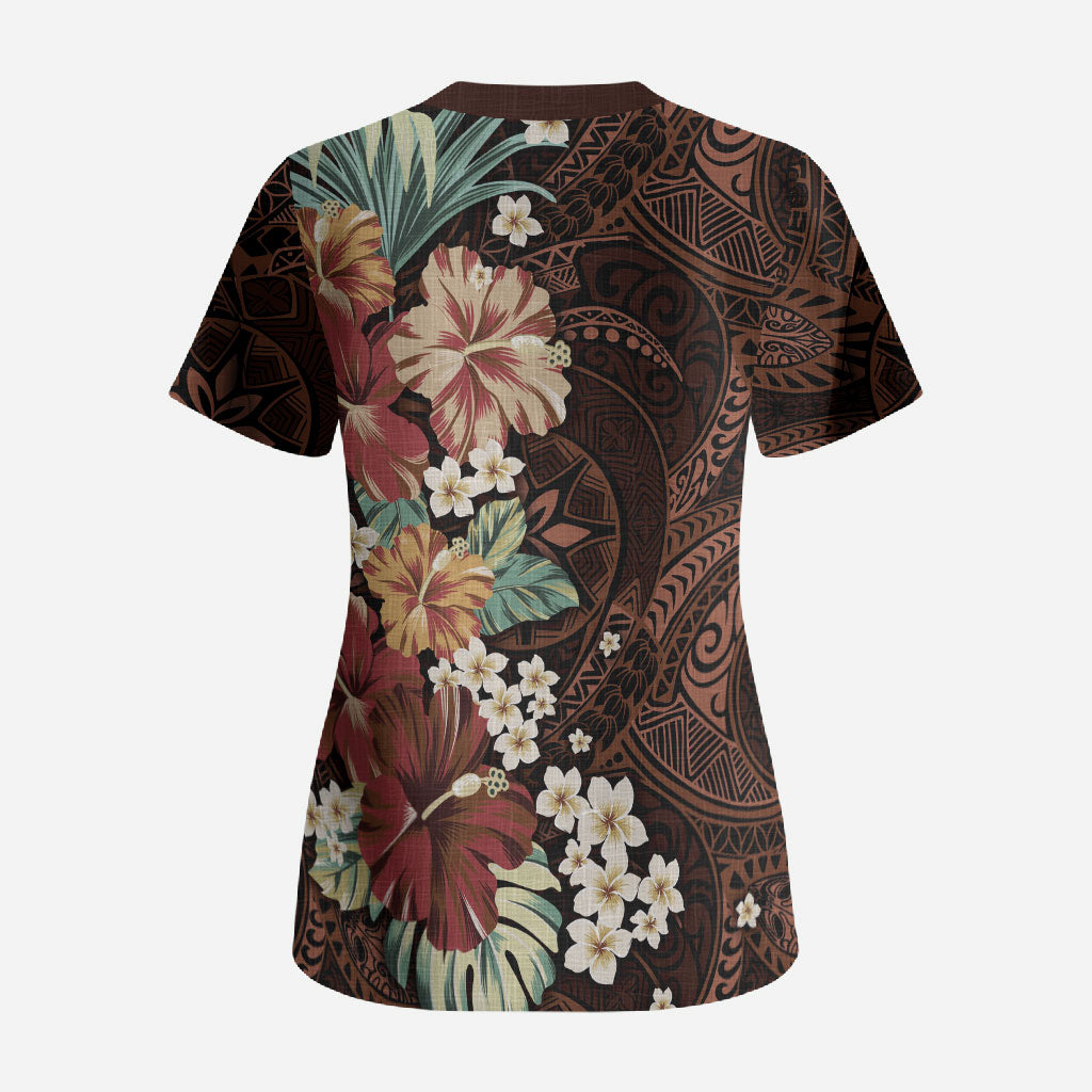 Kanoa Hawai'i Hibiscus Scrub Top Polynesian Tribal Tattoo Pattern Floral Elements