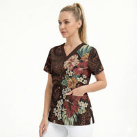 Kanoa Hawai'i Hibiscus Scrub Top Polynesian Tribal Tattoo Pattern Floral Elements