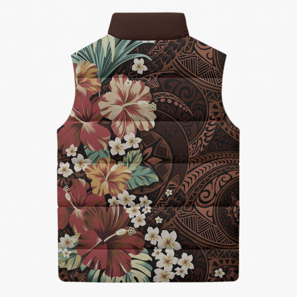 Kanoa Hawai'i Hibiscus Sleeveless Puffer Jacket Polynesian Tribal Tattoo Pattern Floral Elements