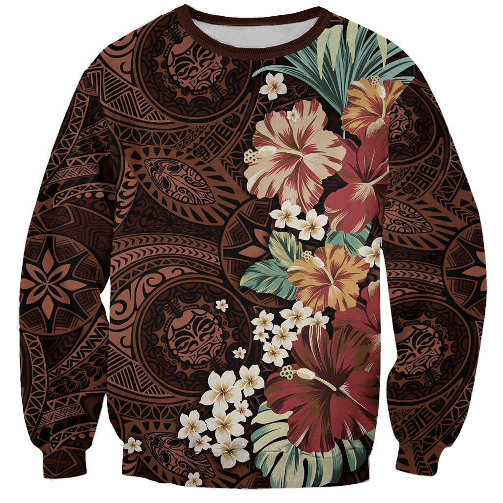 Kanoa Hawai'i Hibiscus Sweatshirt Polynesian Tribal Tattoo Pattern Floral Elements LT9 Unisex Brown - Polynesian Pride