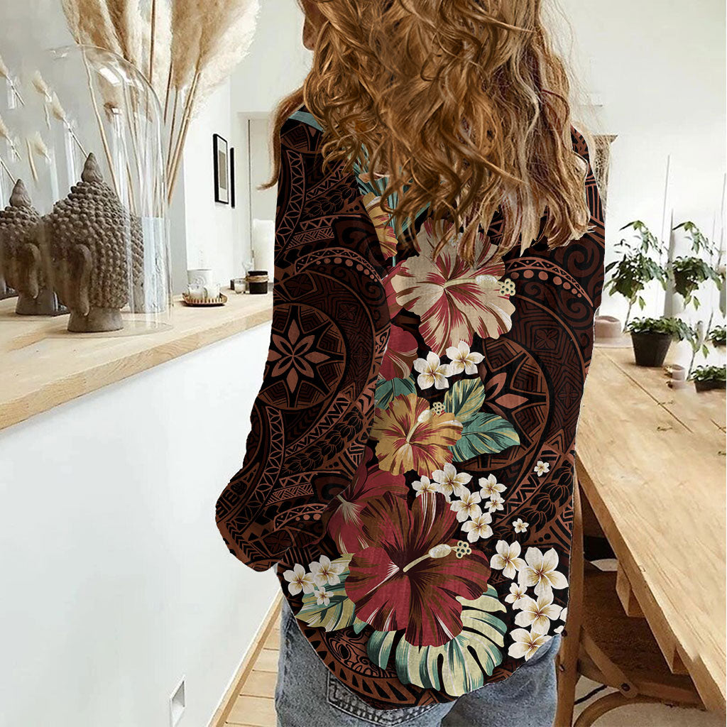 Kanoa Hawai'i Hibiscus Women Casual Shirt Polynesian Tribal Tattoo Pattern Floral Elements LT9 - Polynesian Pride