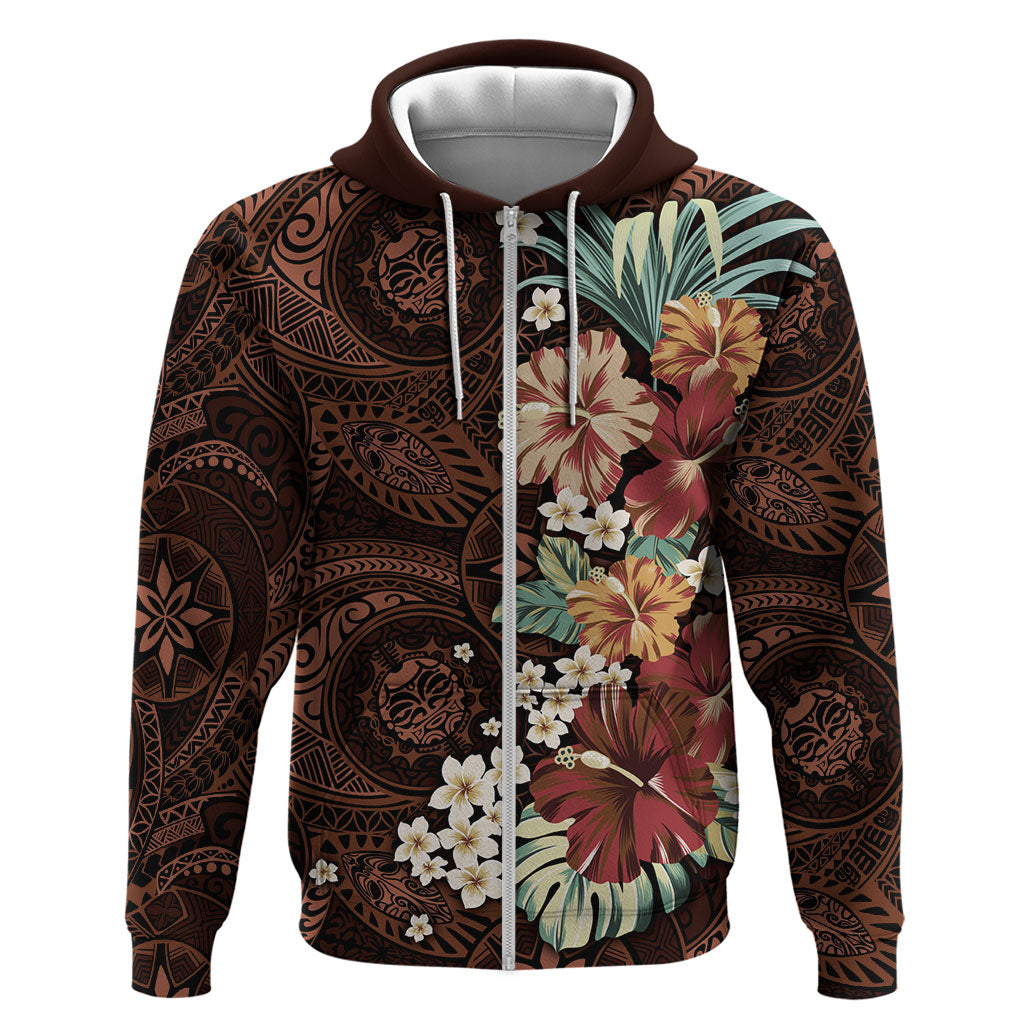 Kanoa Hawai'i Hibiscus Zip Hoodie Polynesian Tribal Tattoo Pattern Floral Elements LT9 Zip Hoodie Brown - Polynesian Pride
