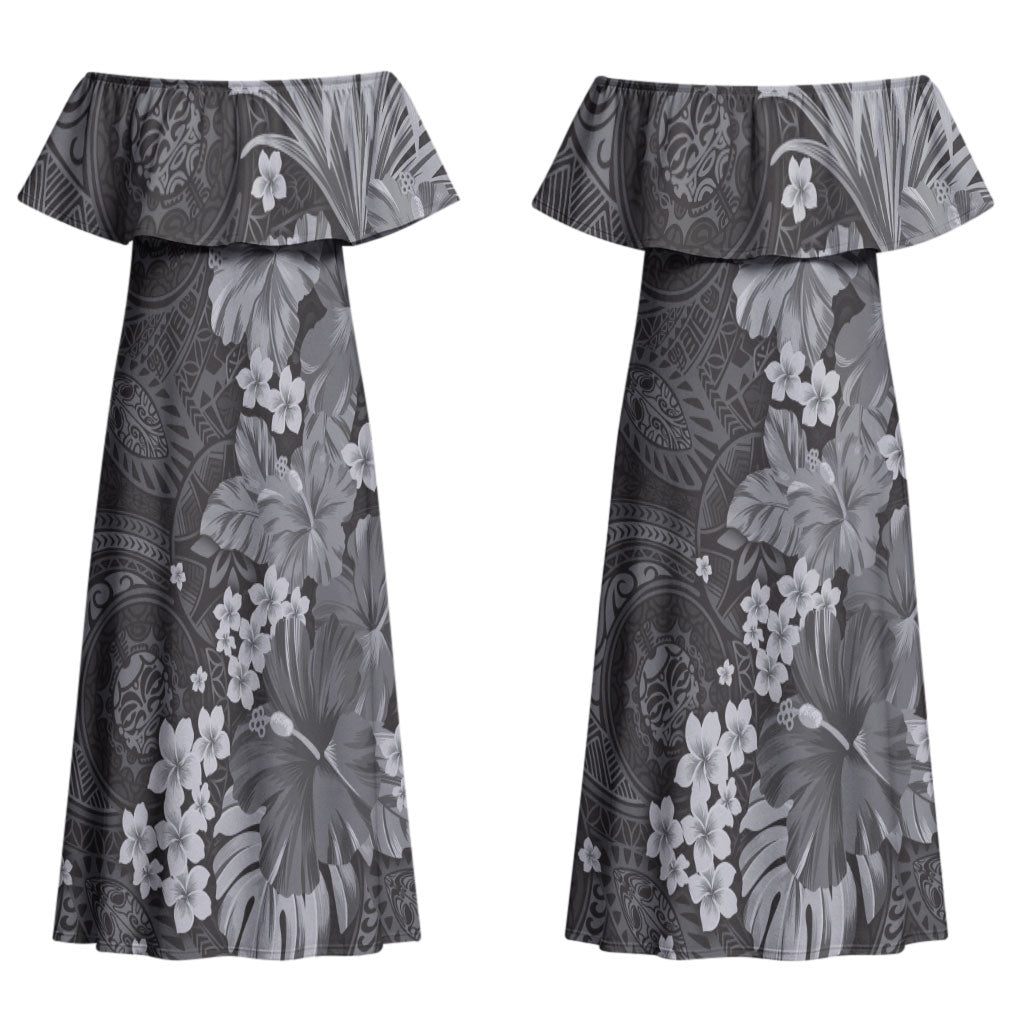 Pauli Hawai'i Hibiscus Couples Matching Off Shoulder Maxi Dress and Long Sleeve Button Shirt Polynesian Tribal Tattoo Pattern Floral Elements