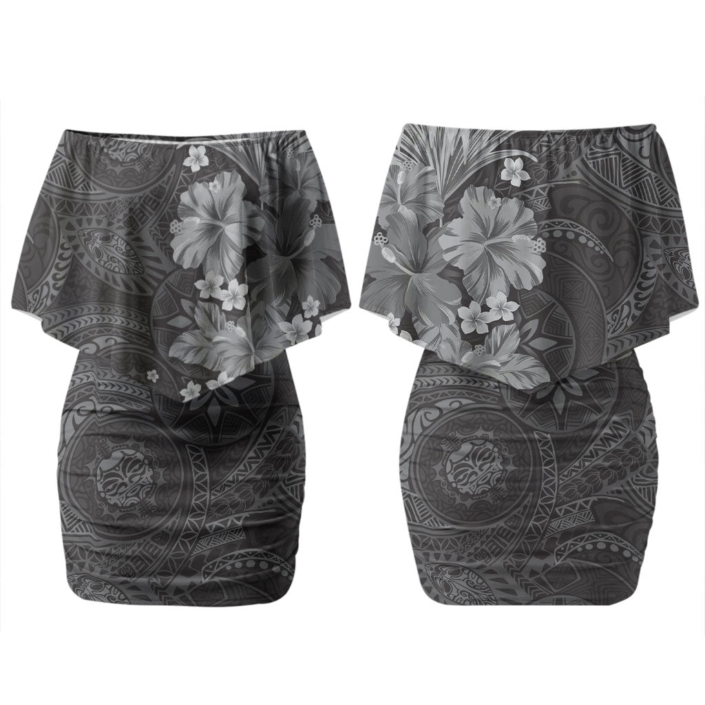 Pauli Hawai'i Hibiscus Couples Matching Off Shoulder Short Dress and Long Sleeve Button Shirt Polynesian Tribal Tattoo Pattern Floral Elements