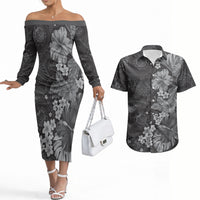 Pauli Hawai'i Hibiscus Couples Matching Off The Shoulder Long Sleeve Dress and Hawaiian Shirt Polynesian Tribal Tattoo Pattern Floral Elements LT9 Soft Black - Polynesian Pride