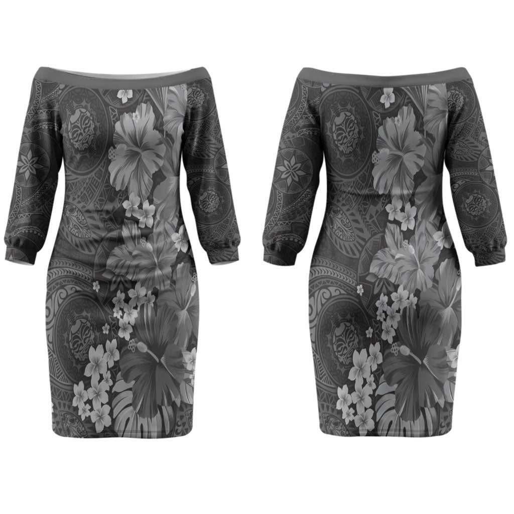 Pauli Hawai'i Hibiscus Couples Matching Off The Shoulder Long Sleeve Dress and Hawaiian Shirt Polynesian Tribal Tattoo Pattern Floral Elements LT9 - Polynesian Pride