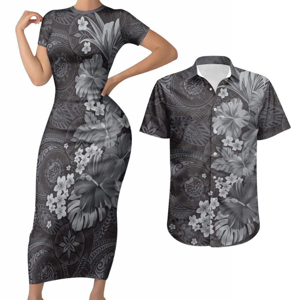 Pauli Hawai'i Hibiscus Couples Matching Short Sleeve Bodycon Dress and Hawaiian Shirt Polynesian Tribal Tattoo Pattern Floral Elements LT9 Soft Black - Polynesian Pride