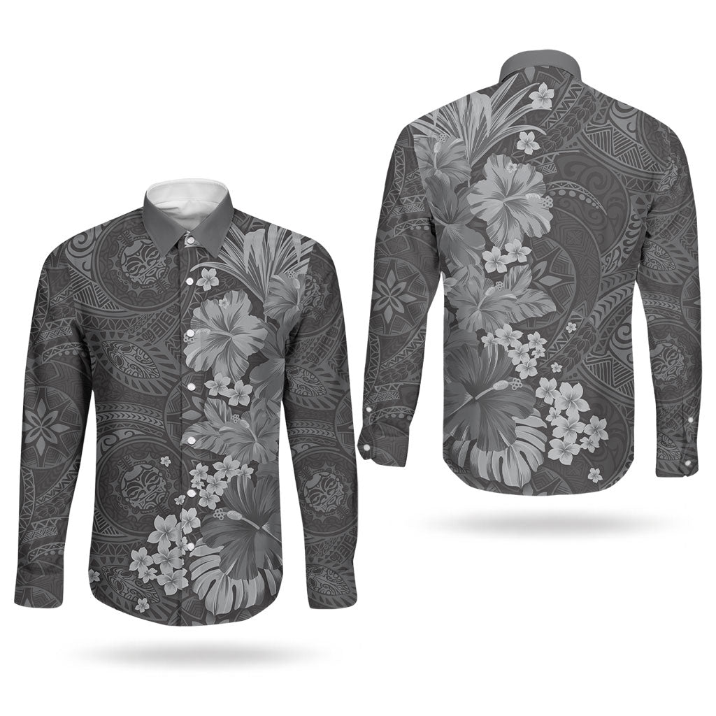 Pauli Hawai'i Hibiscus Couples Matching Summer Maxi Dress and Long Sleeve Button Shirt Polynesian Tribal Tattoo Pattern Floral Elements
