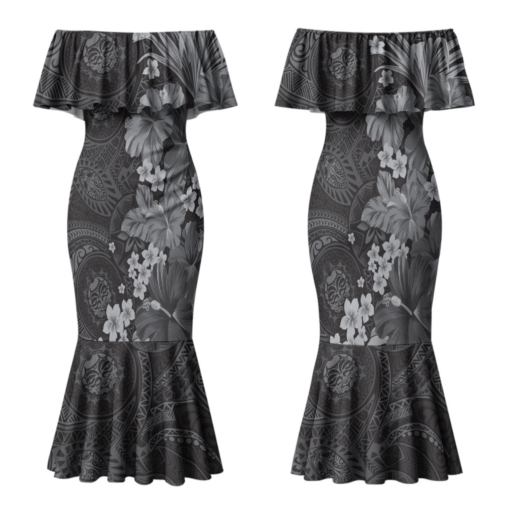 Pauli Hawai'i Hibiscus Family Matching Mermaid Dress and Hawaiian Shirt Polynesian Tribal Tattoo Pattern Floral Elements LT9 Mom's Dress Soft Black - Polynesian Pride