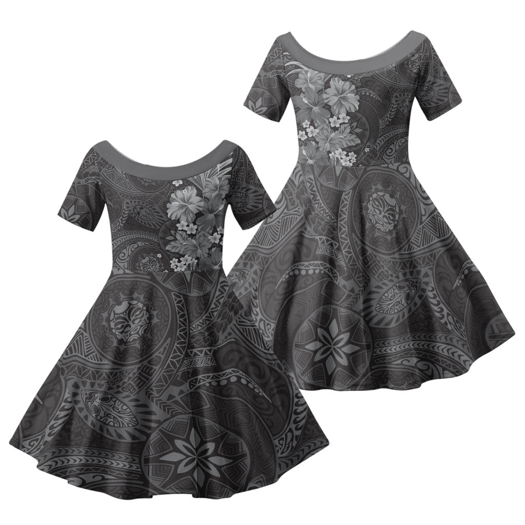 Pauli Hawai'i Hibiscus Family Matching Mermaid Dress and Hawaiian Shirt Polynesian Tribal Tattoo Pattern Floral Elements LT9 Daughter's Dress Soft Black - Polynesian Pride