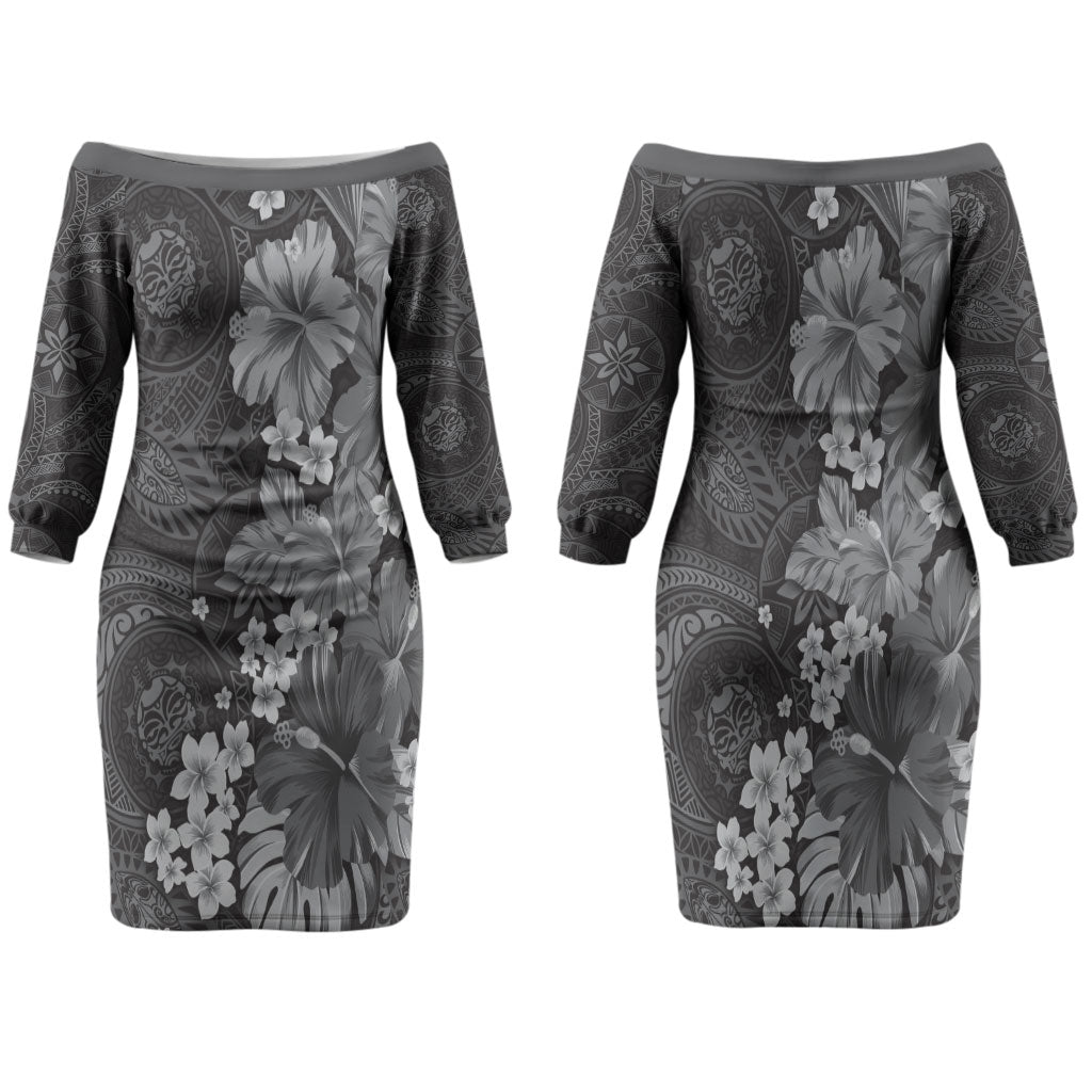 Pauli Hawai'i Hibiscus Family Matching Off The Shoulder Long Sleeve Dress and Hawaiian Shirt Polynesian Tribal Tattoo Pattern Floral Elements LT9 Mom's Dress Soft Black - Polynesian Pride