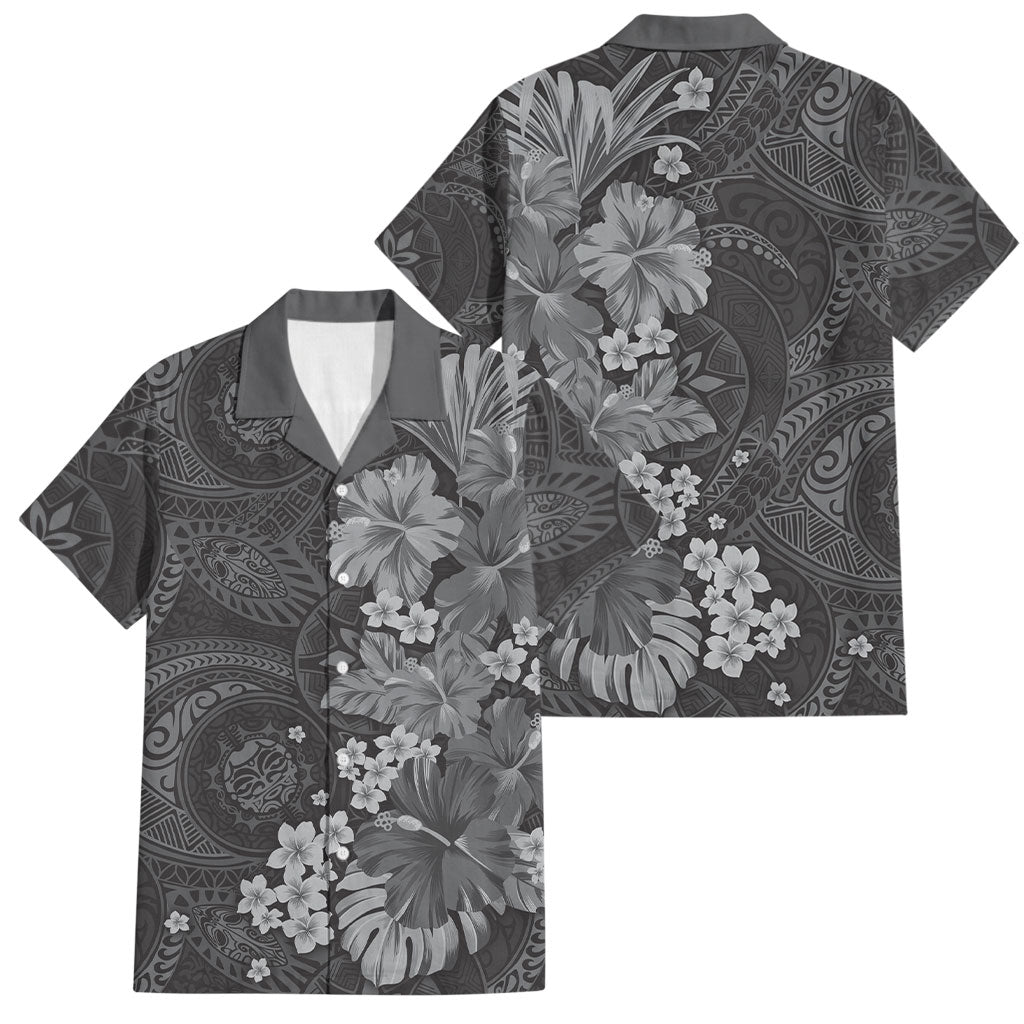 Pauli Hawai'i Hibiscus Family Matching Off The Shoulder Long Sleeve Dress and Hawaiian Shirt Polynesian Tribal Tattoo Pattern Floral Elements LT9 Dad's Shirt - Short Sleeve Soft Black - Polynesian Pride