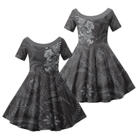 Pauli Hawai'i Hibiscus Family Matching Off Shoulder Maxi Dress and Hawaiian Shirt Polynesian Tribal Tattoo Pattern Floral Elements LT9 Daughter's Dress Soft Black - Polynesian Pride