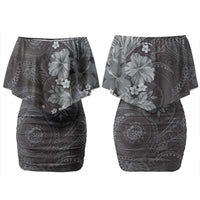 Pauli Hawai'i Hibiscus Family Matching Off Shoulder Short Dress and Hawaiian Shirt Polynesian Tribal Tattoo Pattern Floral Elements LT9 Mom's Dress Soft Black - Polynesian Pride