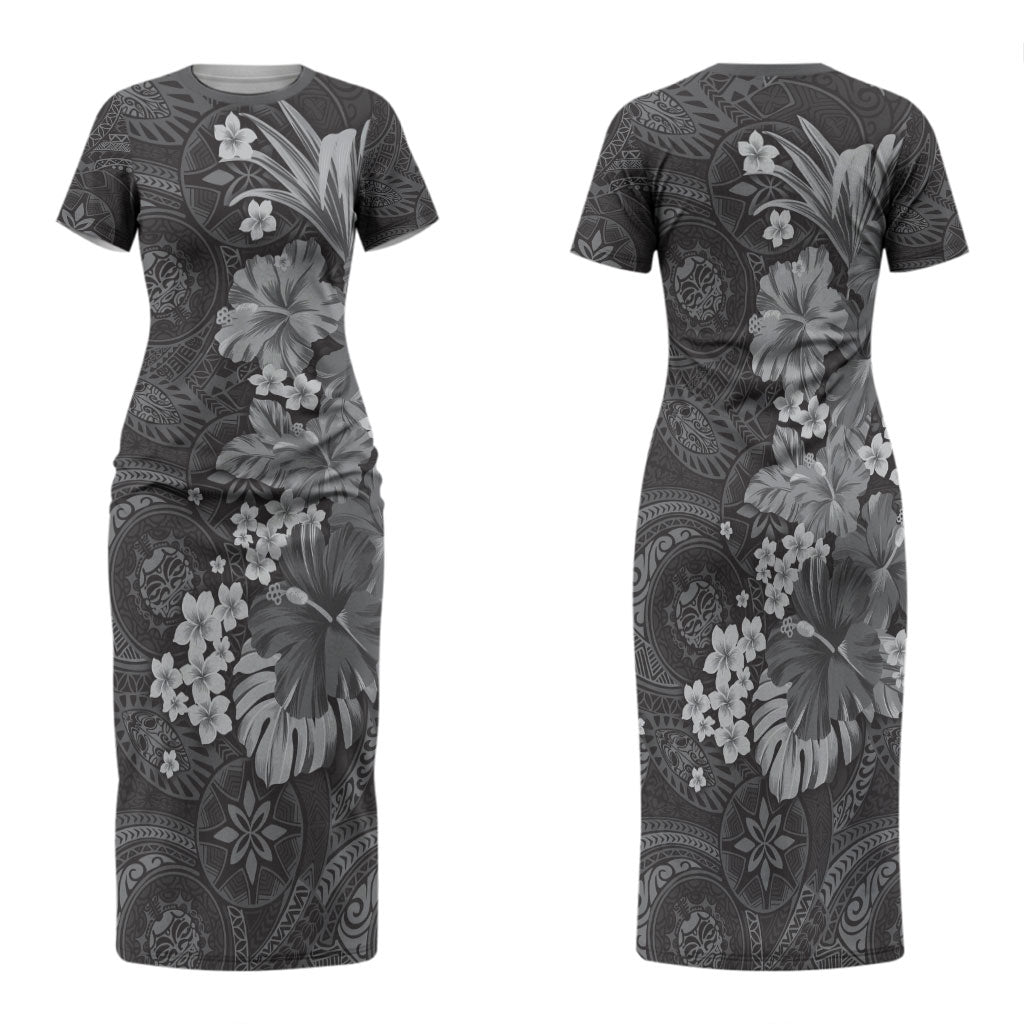 Pauli Hawai'i Hibiscus Family Matching Short Sleeve Bodycon Dress and Hawaiian Shirt Polynesian Tribal Tattoo Pattern Floral Elements LT9 Mom's Dress Soft Black - Polynesian Pride