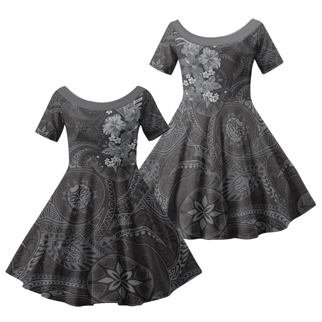 Pauli Hawai'i Hibiscus Family Matching Summer Maxi Dress and Hawaiian Shirt Polynesian Tribal Tattoo Pattern Floral Elements LT9 Daughter's Dress Soft Black - Polynesian Pride