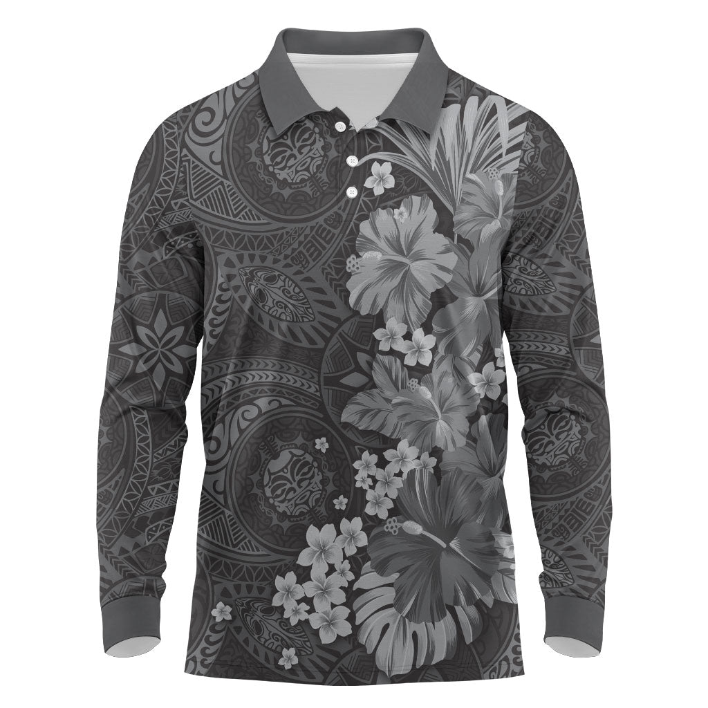 Pauli Hawai'i Hibiscus Long Sleeve Polo Shirt Polynesian Tribal Tattoo Pattern Floral Elements LT9 Soft Black - Polynesian Pride