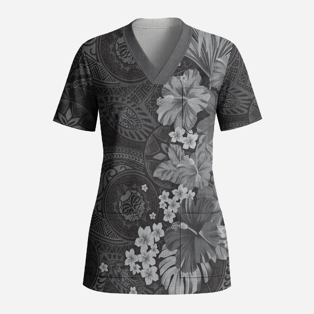 Pauli Hawai'i Hibiscus Scrub Top Polynesian Tribal Tattoo Pattern Floral Elements