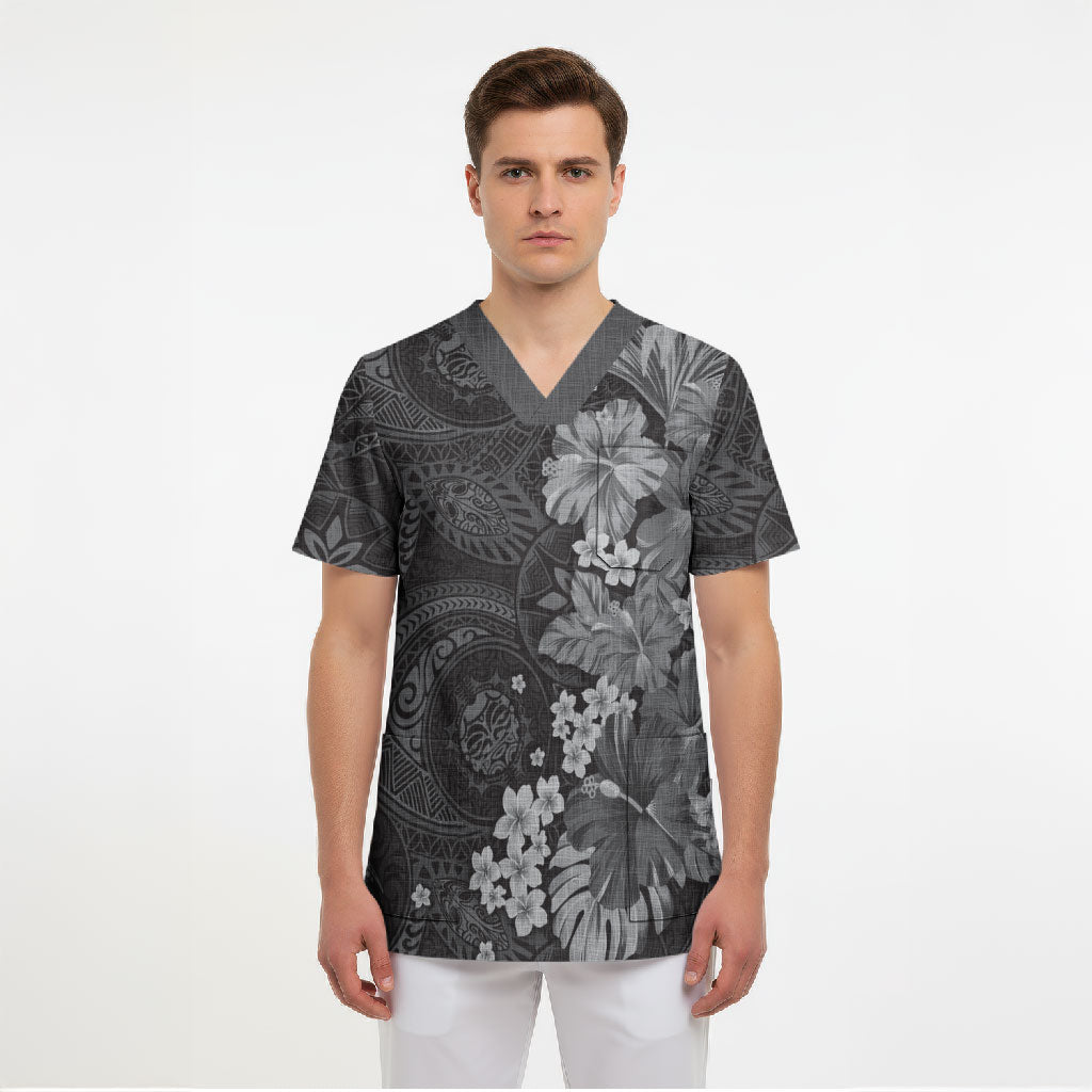 Pauli Hawai'i Hibiscus Scrub Top Polynesian Tribal Tattoo Pattern Floral Elements