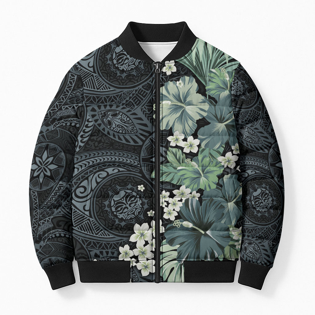 Pauliuli Hawai'i Hibiscus Bomber Puffer Jacket Polynesian Tribal Tattoo Pattern Floral Elements