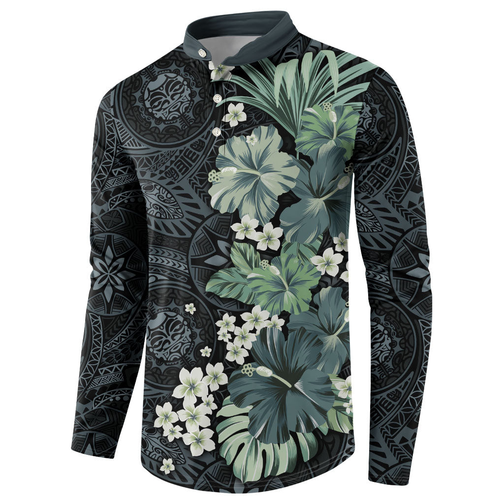 Pauliuli Hawai'i Hibiscus Button Sweatshirt Polynesian Tribal Tattoo Pattern Floral Elements