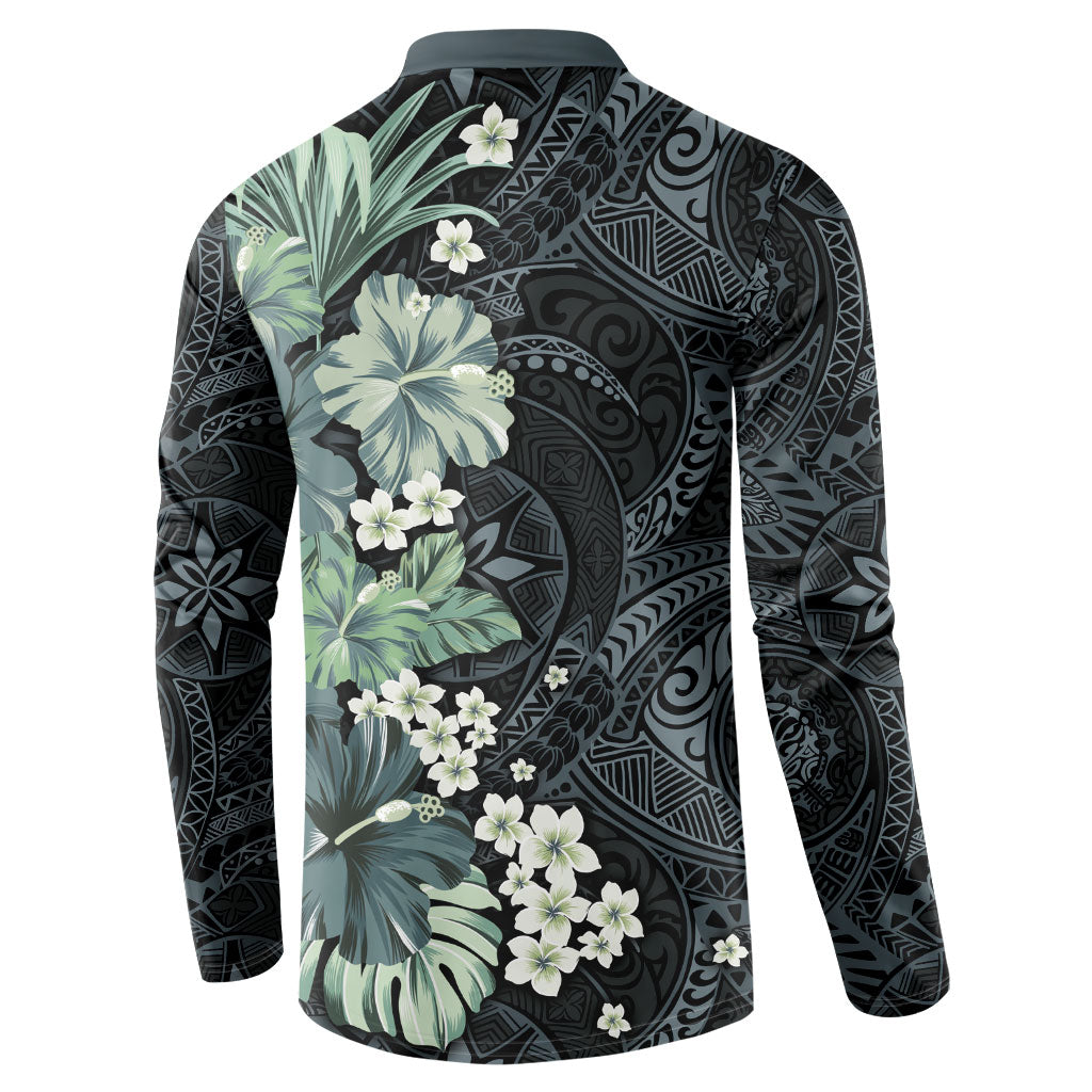 Pauliuli Hawai'i Hibiscus Button Sweatshirt Polynesian Tribal Tattoo Pattern Floral Elements