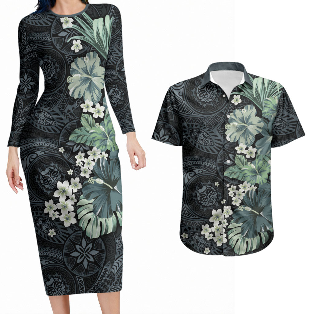 Pauliuli Hawai'i Hibiscus Couples Matching Long Sleeve Bodycon Dress and Hawaiian Shirt Polynesian Tribal Tattoo Pattern Floral Elements LT9 Charcoal Blue - Polynesian Pride