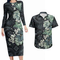 Pauliuli Hawai'i Hibiscus Couples Matching Long Sleeve Bodycon Dress and Hawaiian Shirt Polynesian Tribal Tattoo Pattern Floral Elements LT9 Charcoal Blue - Polynesian Pride