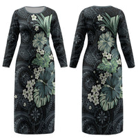 Pauliuli Hawai'i Hibiscus Couples Matching Long Sleeve Bodycon Dress and Hawaiian Shirt Polynesian Tribal Tattoo Pattern Floral Elements LT9 - Polynesian Pride