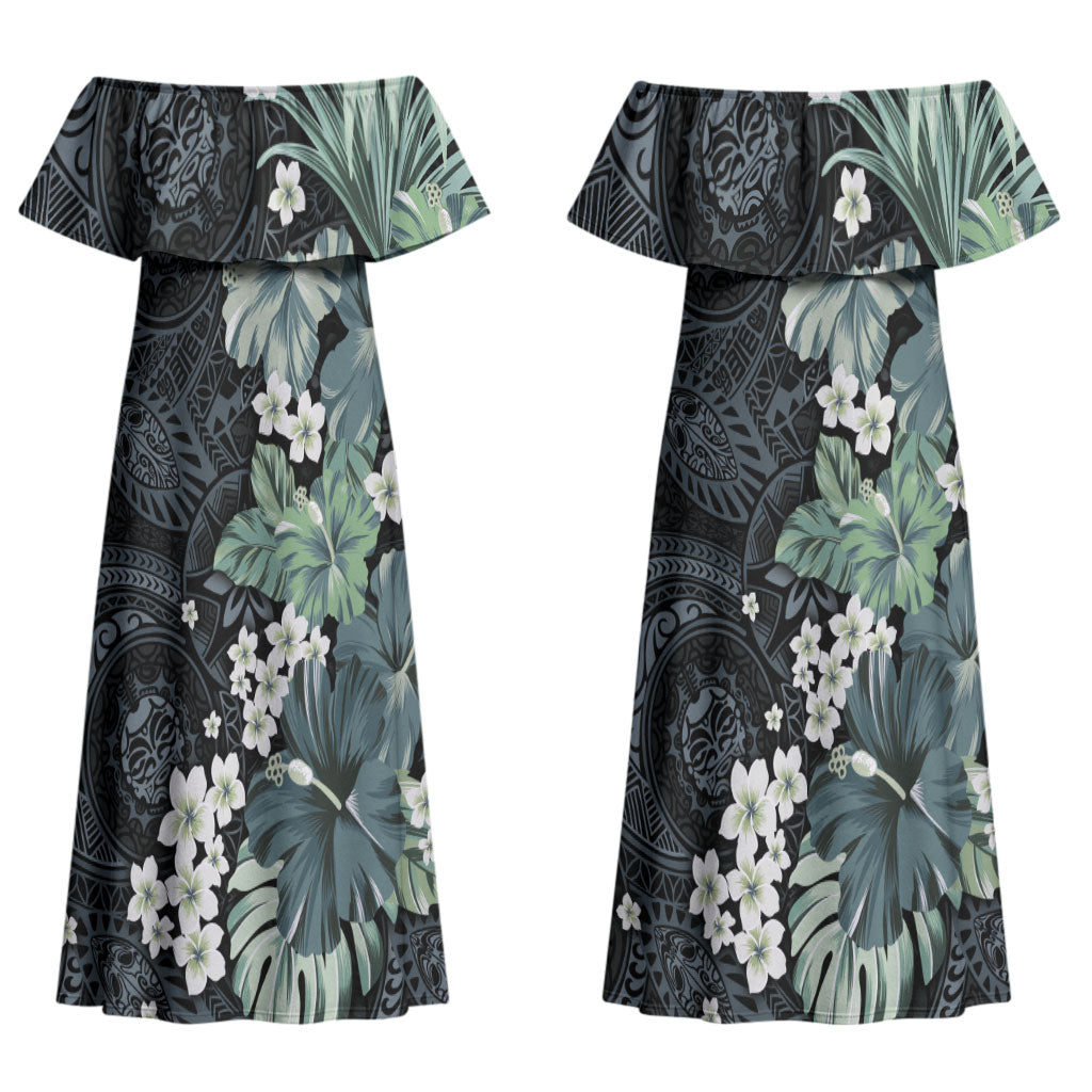 Pauliuli Hawai'i Hibiscus Couples Matching Off Shoulder Maxi Dress and Hawaiian Shirt Polynesian Tribal Tattoo Pattern Floral Elements