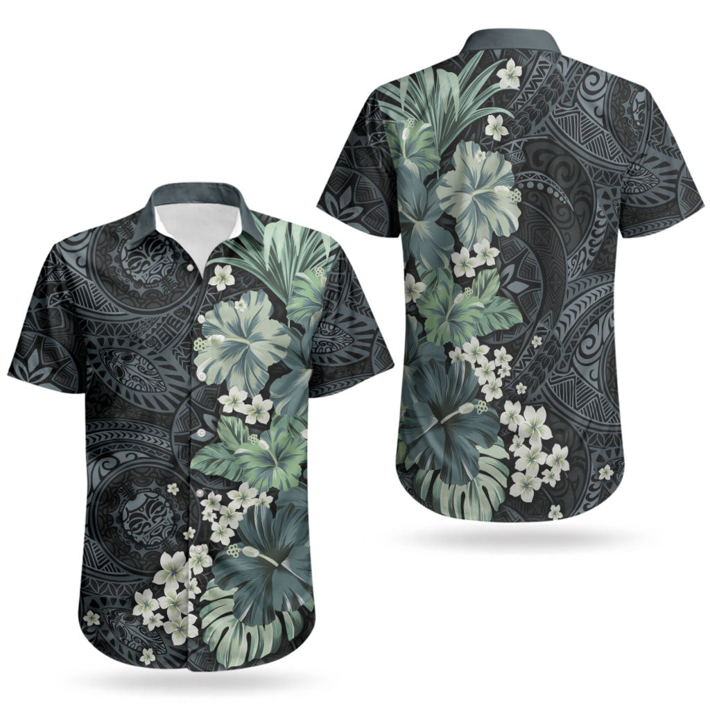 Pauliuli Hawai'i Hibiscus Couples Matching Off Shoulder Short Dress and Hawaiian Shirt Polynesian Tribal Tattoo Pattern Floral Elements
