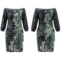 Pauliuli Hawai'i Hibiscus Couples Matching Off The Shoulder Long Sleeve Dress and Hawaiian Shirt Polynesian Tribal Tattoo Pattern Floral Elements LT9 - Polynesian Pride