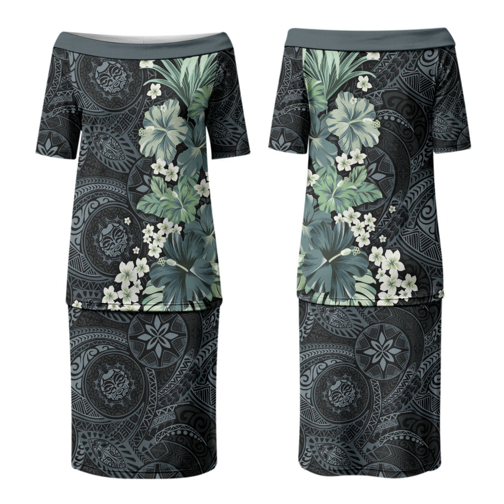 Pauliuli Hawai'i Hibiscus Couples Matching Puletasi and Long Sleeve Button Shirt Polynesian Tribal Tattoo Pattern Floral Elements