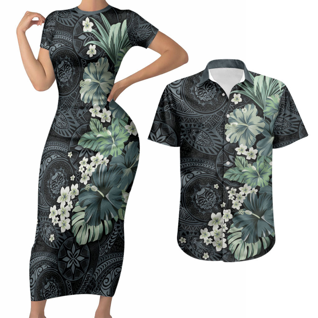 Pauliuli Hawai'i Hibiscus Couples Matching Short Sleeve Bodycon Dress and Hawaiian Shirt Polynesian Tribal Tattoo Pattern Floral Elements LT9 Charcoal Blue - Polynesian Pride