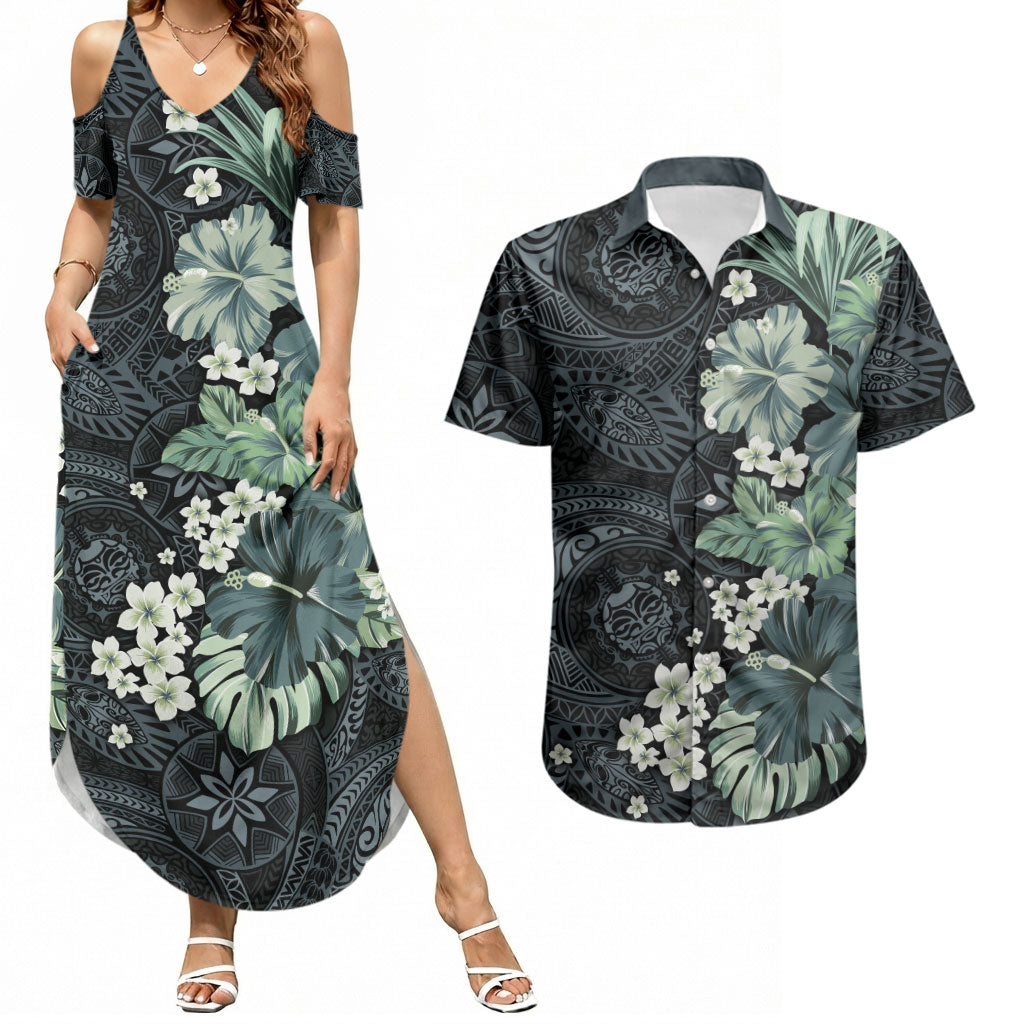 Pauliuli Hawai'i Hibiscus Couples Matching Summer Maxi Dress and Hawaiian Shirt Polynesian Tribal Tattoo Pattern Floral Elements LT9 Charcoal Blue - Polynesian Pride