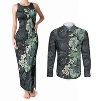 Pauliuli Hawai'i Hibiscus Couples Matching Tank Maxi Dress and Long Sleeve Button Shirt Polynesian Tribal Tattoo Pattern Floral Elements
